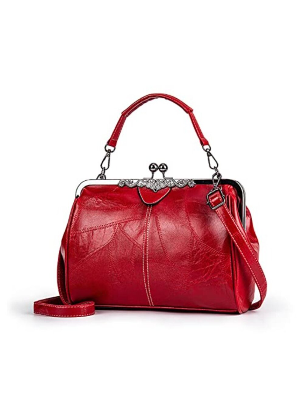 Vintage Oil Leather Handbag Kiss Lock Shoulder Crossbody Clutch Satchel Purse